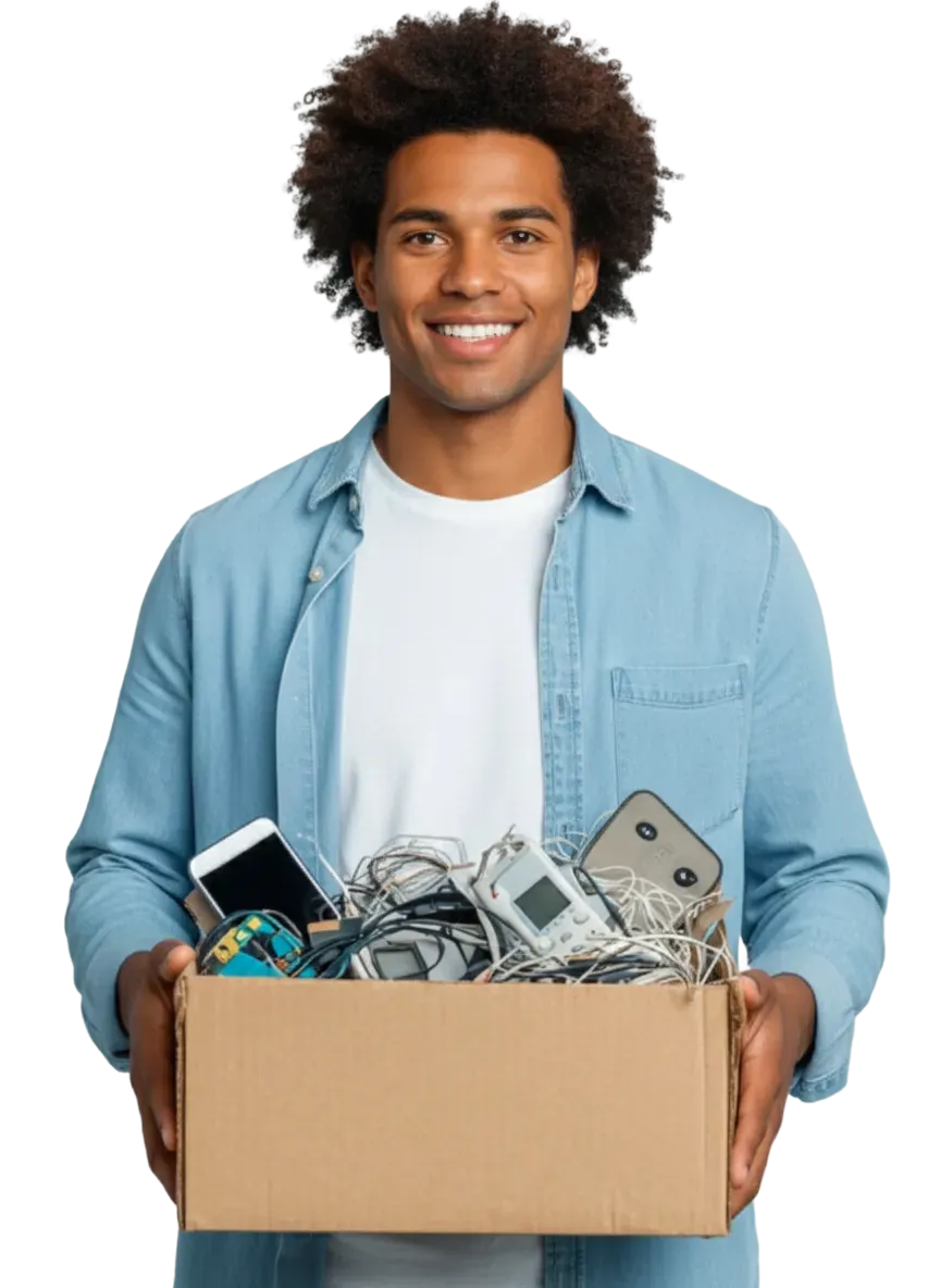 Pessoa segurando uma caixa com eletrônicos para descarte